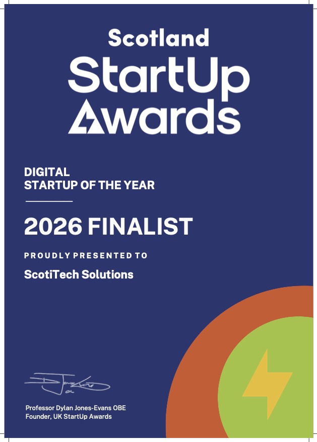 Scotland StartUp Awards 2026 finalist certificate for ScotiTech Solutions