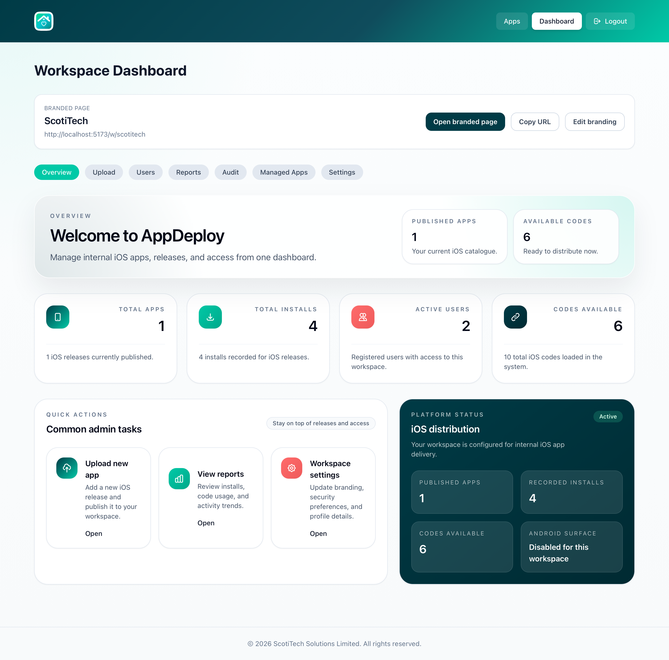 AppDeploy dashboard showing branded page controls, reports, quick actions, and platform status