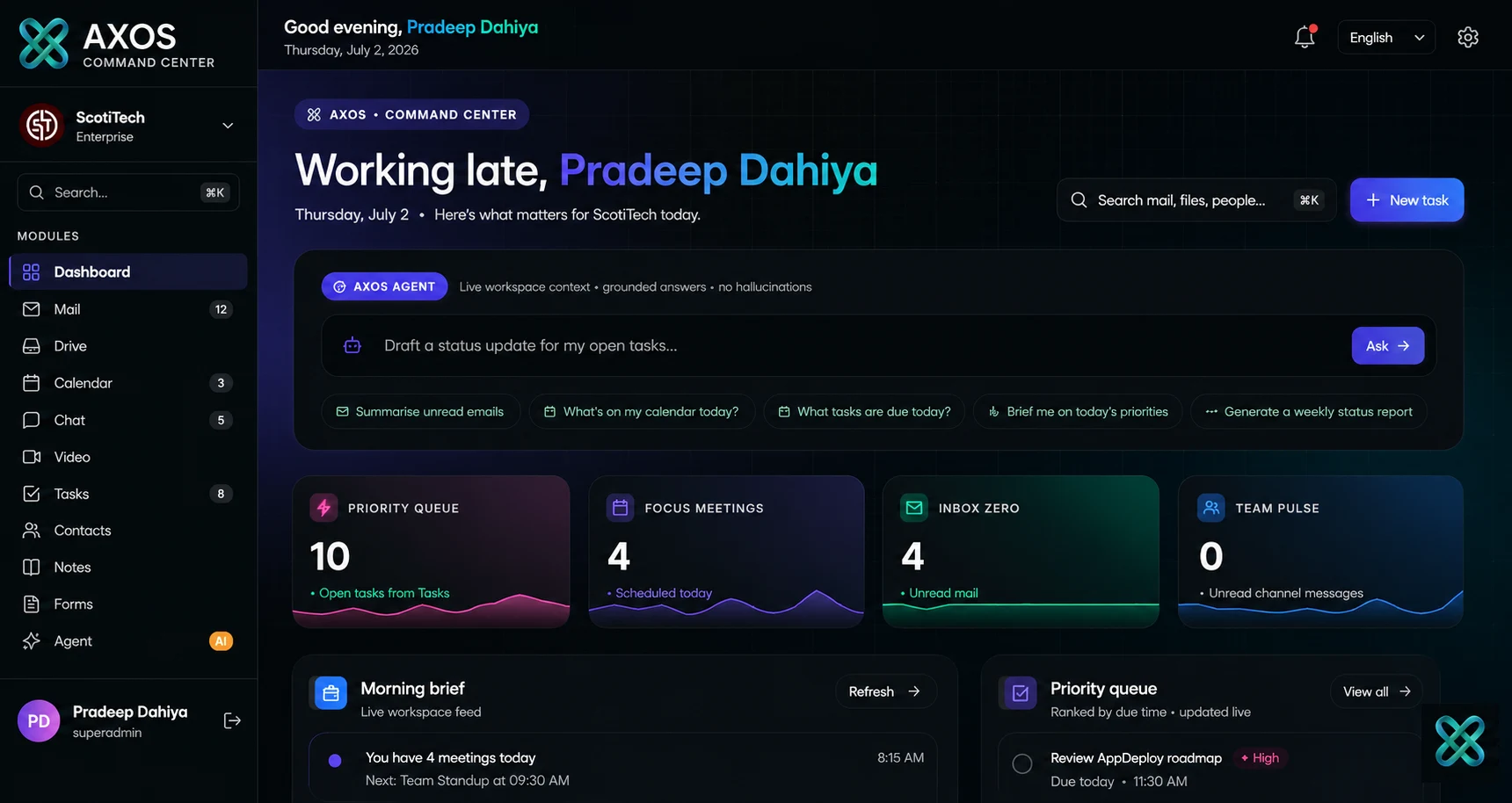 AXOS Command Center dashboard showing governed AI, mail, calendar, tasks and team operations