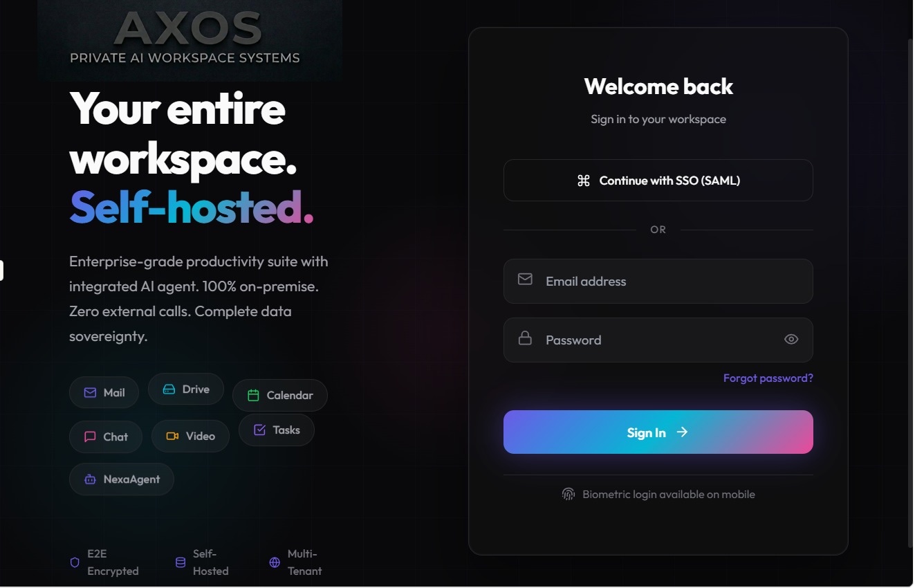 AXOS self-hosted workspace login with SSO, email sign-in, and deployment trust markers