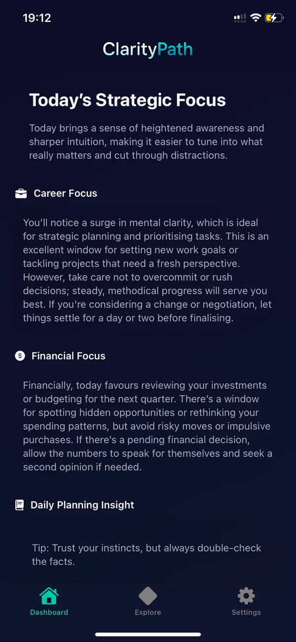 ClarityPath on iPhone, showing today's focus