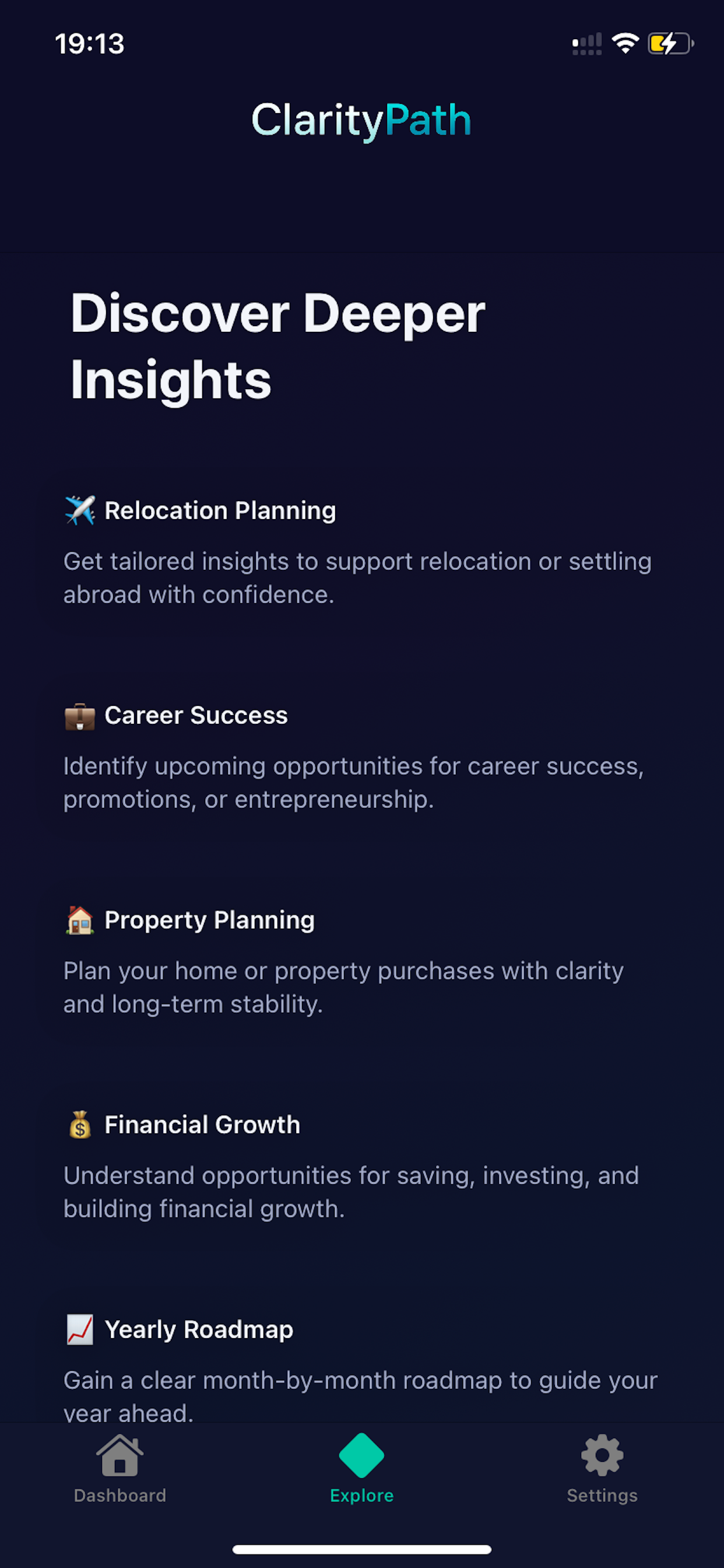 ClarityPath app showing deeper insights and today's strategic focus