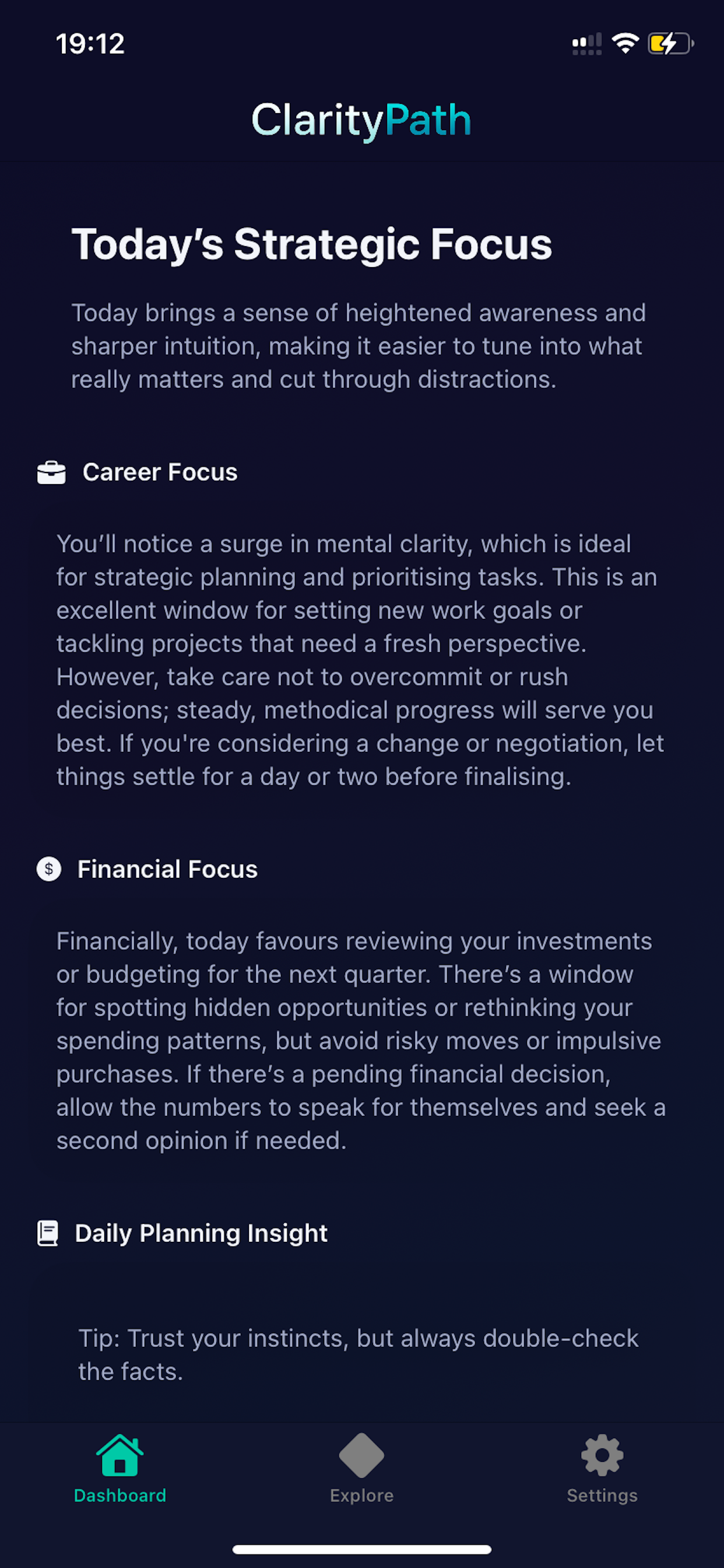 ClarityPath mobile screen showing strategic focus and planning insight